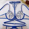 Set Sexy da Donna Blu Modellante Rete Ricamata con Ferretto Sostegno Scollatura a Collo Alto Set Lingerie Sottile Traspirante Set Reggiseno Push-Up
