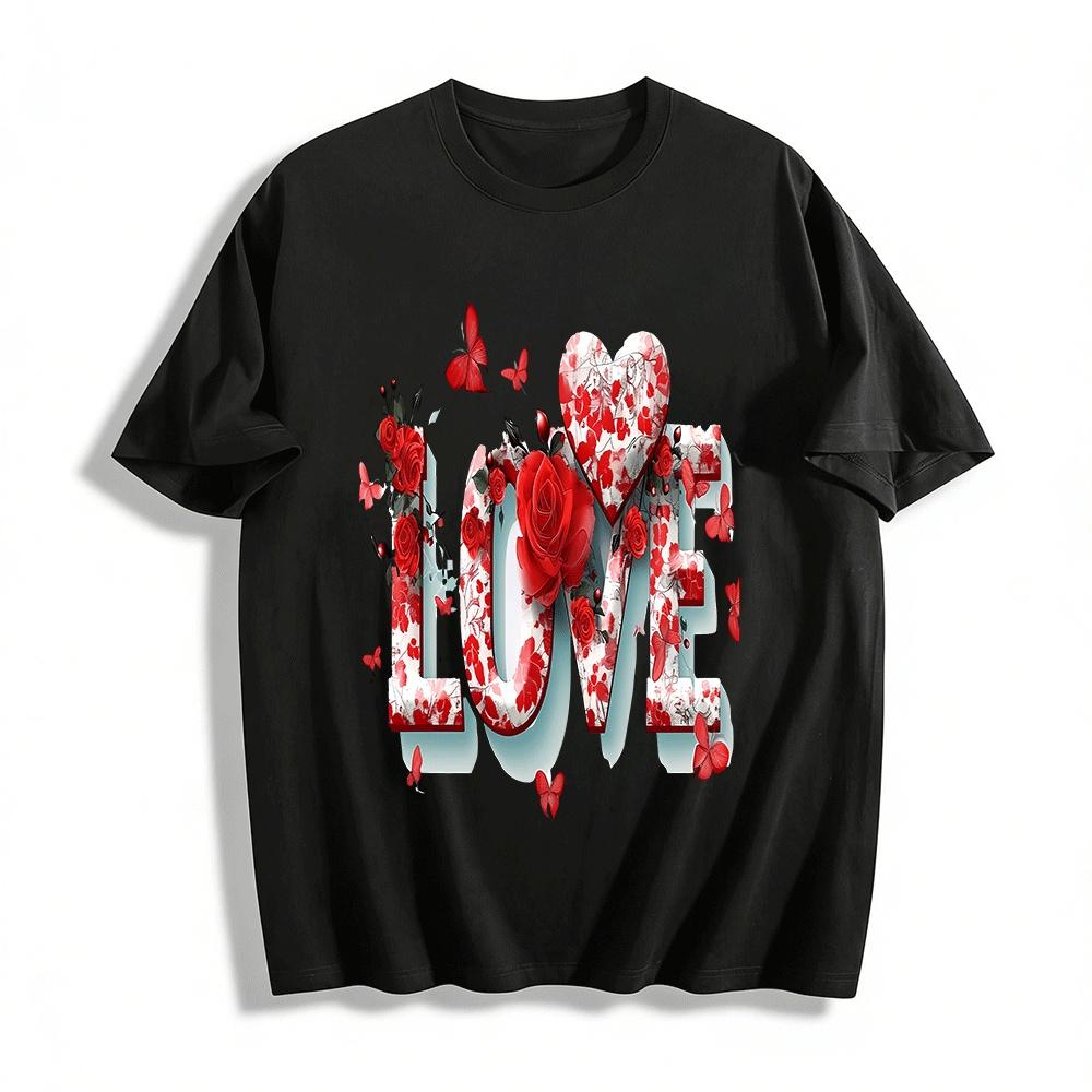 Romantic Rose LOVE Print Couple Casual Versatile Crewneck T-Shirt Pure cotton T-shirt XXS
