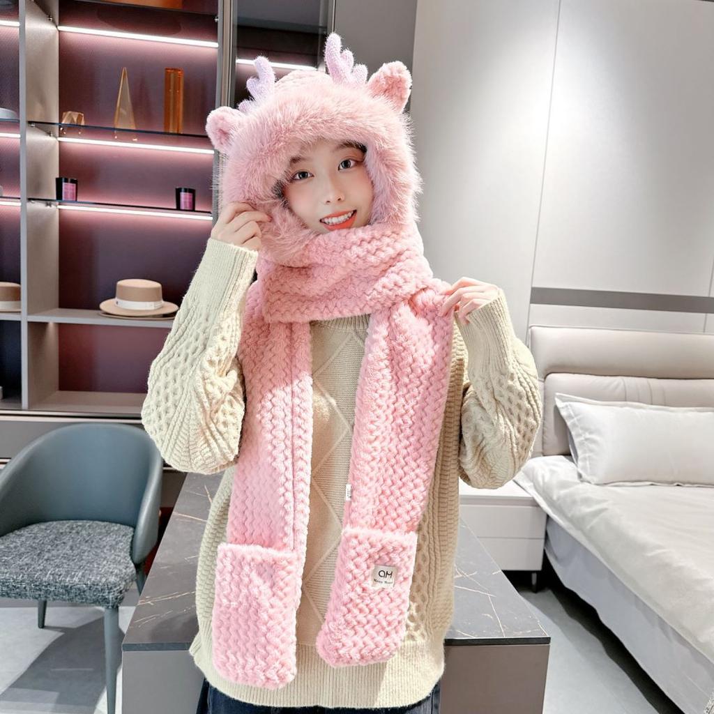Women's Winter Hat Scarf One-piece New Deer Hooded Cycling Thick Plush Three Piece Set