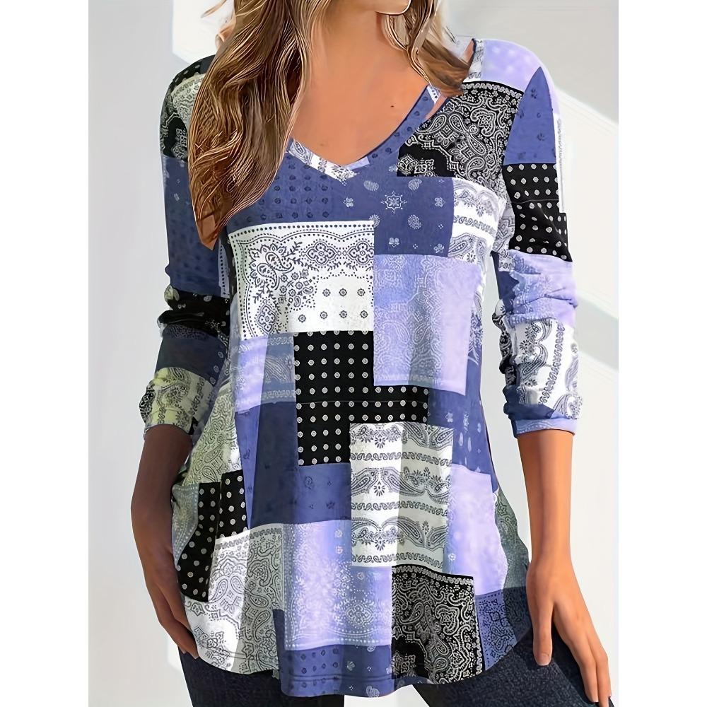 Splicing Printed T-shirt for Women's Casual V-neck Long Sleeved Top Suitable for Spring and Autumn Wear