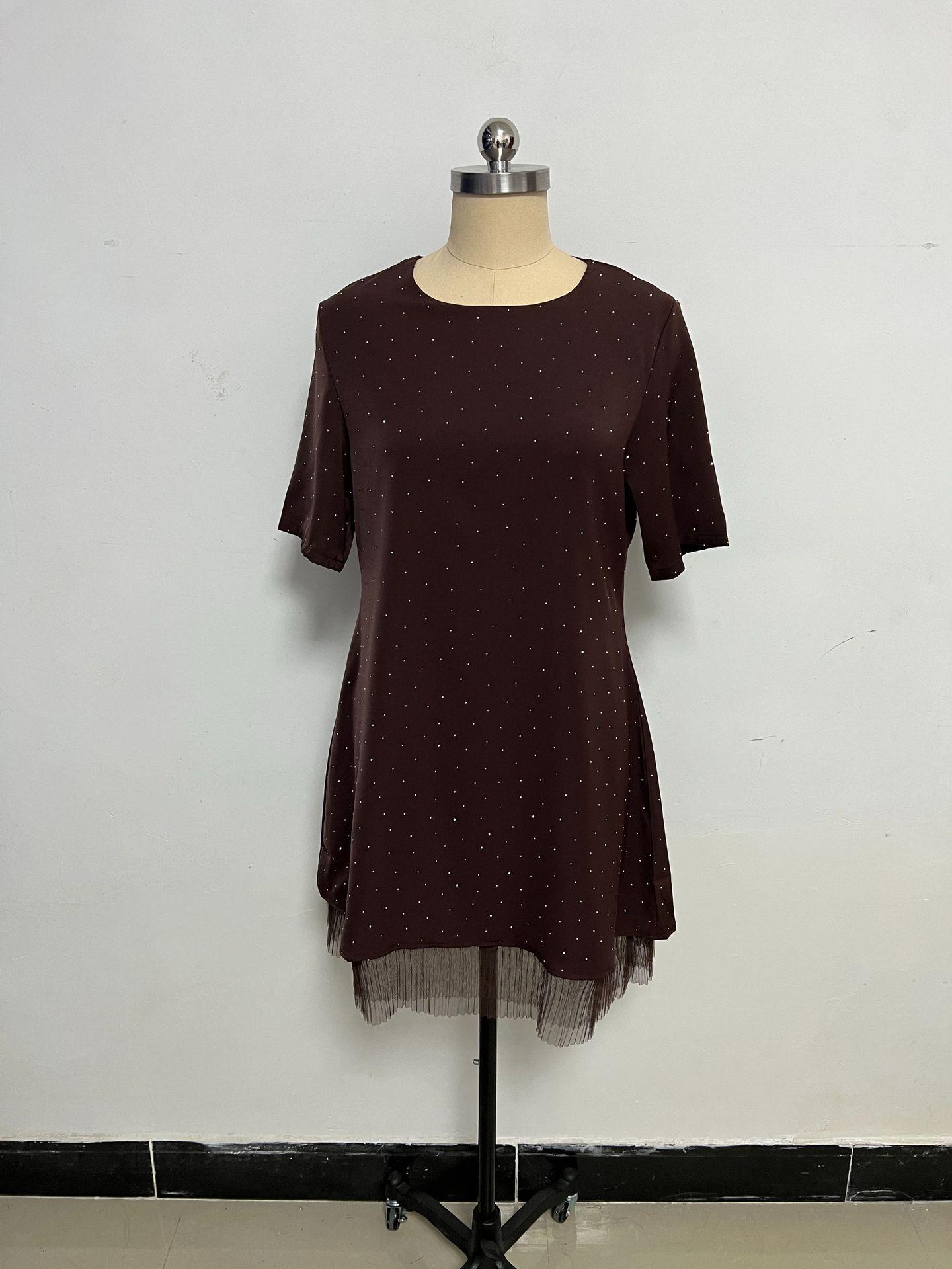 

2025 Women’s Round Neck Short Sleeve Lace Dress with Rhinestone Accents XXL