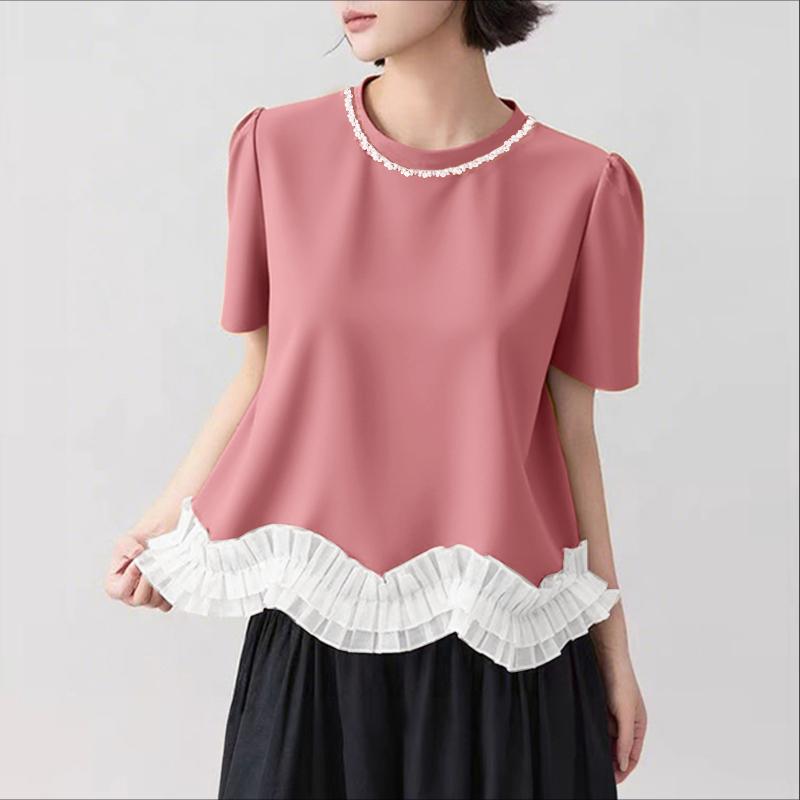 

ZANZEA Женская повседневная блузка с круглым вырезом и короткими рукавами, летняя, с вставками 3XL розовый