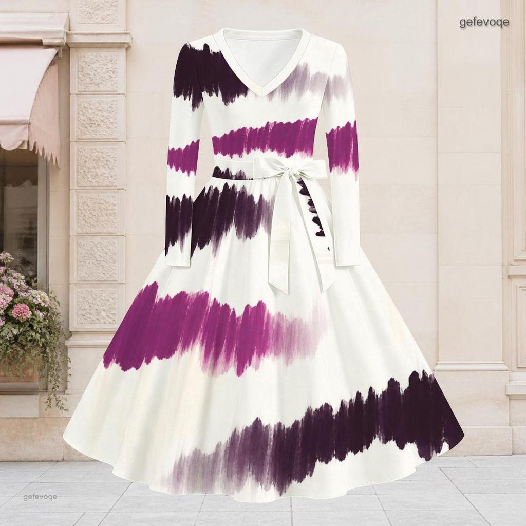 Women Plus Size V Neck Long Sleeve Printed White Purple Tie Waist A Line Flared Midi Dress