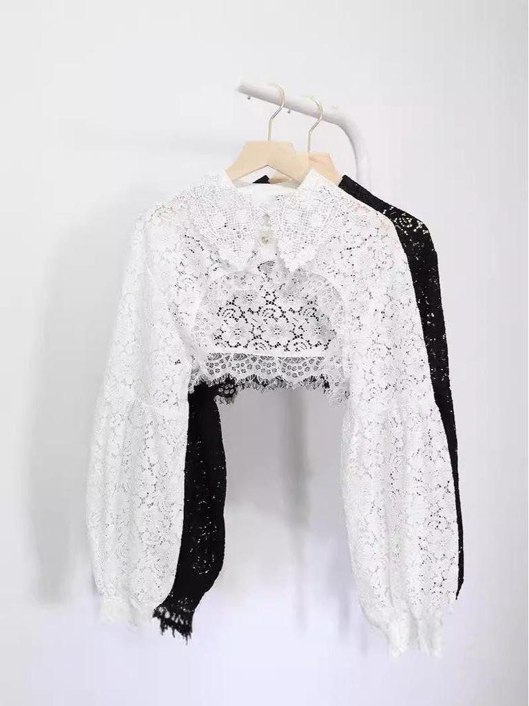 Letni top z koronki: Damska koszula z długim rękawem z ochroną przed słońcem - Modny szal spódnicowy peleryna