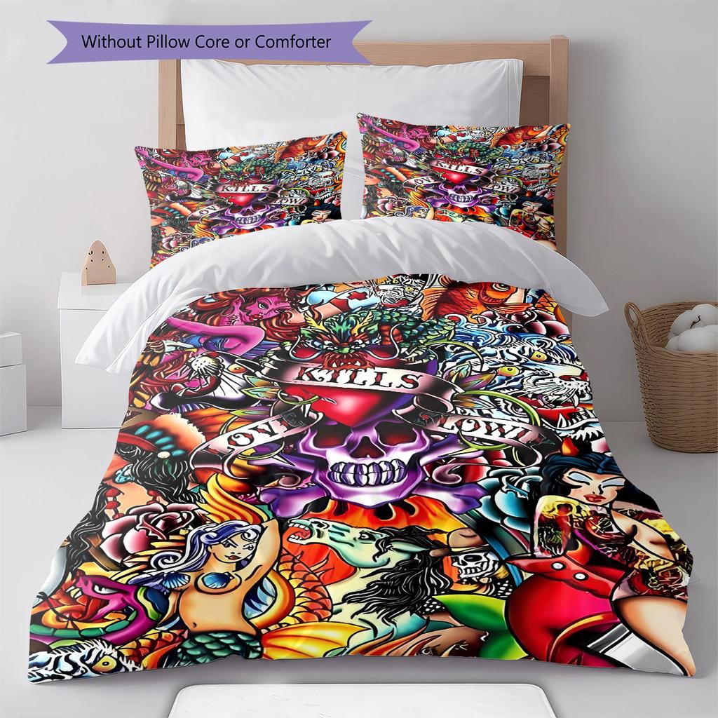 Hardy Tattoo Pattern Bedding Quilt Set Quilt Cover Pillowcase Home Decoration Gift (1 * Duvet Cover + 2 * Pillowcase, Without Core)