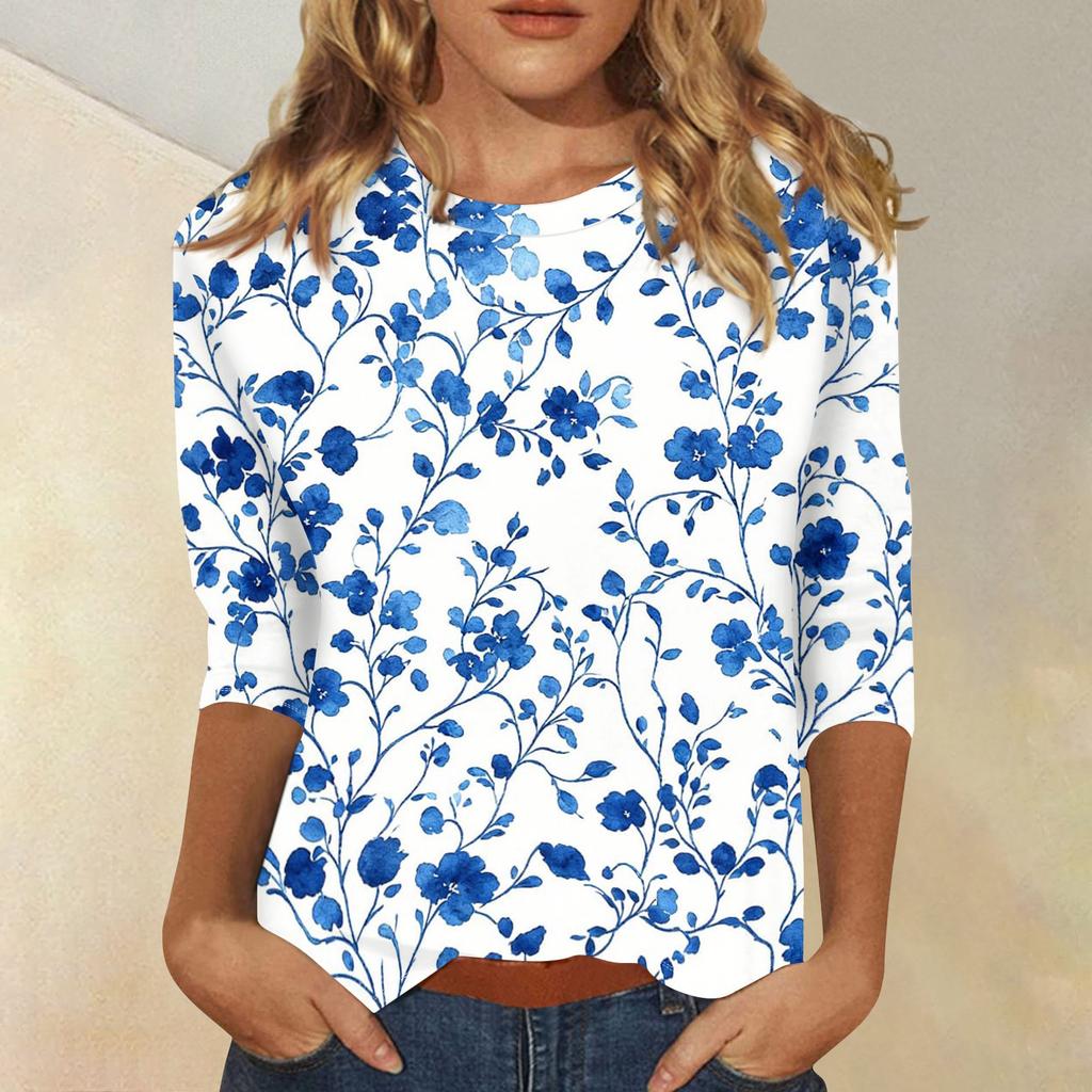 Damen Casual Blumenmuster Dreiviertelarm Rundhalsausschnitt Oberteil Leicht Bequem Sitzend Weicher Stoff Bluse für den Alltag