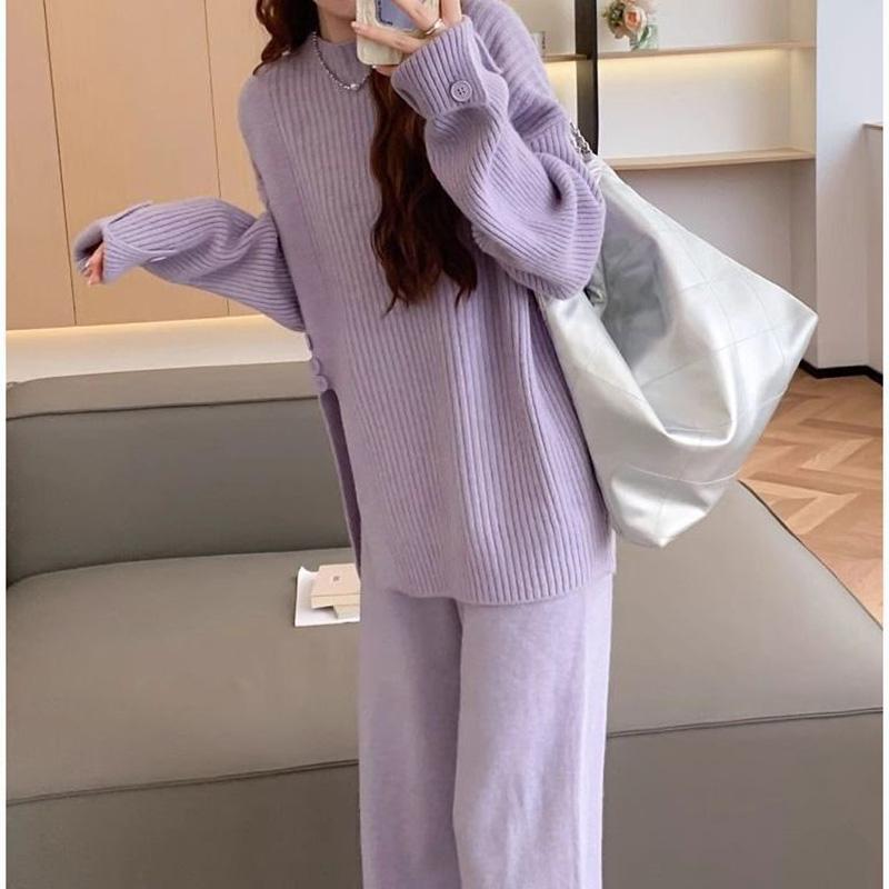 Women Suits Sets Cotton Large Size Knit Top Wide-Leg Pants  Thickened Sweater Top Longs Pants Two-piece Oversize 2PC Suit