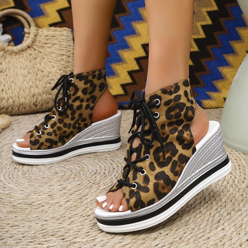 Women'S Leopard Print Wedge Sandals - Stylish Open-Toe, Lace-Up Ankle Strap, Comfortable High Heel with Metallic Accents, All-Season Footwear