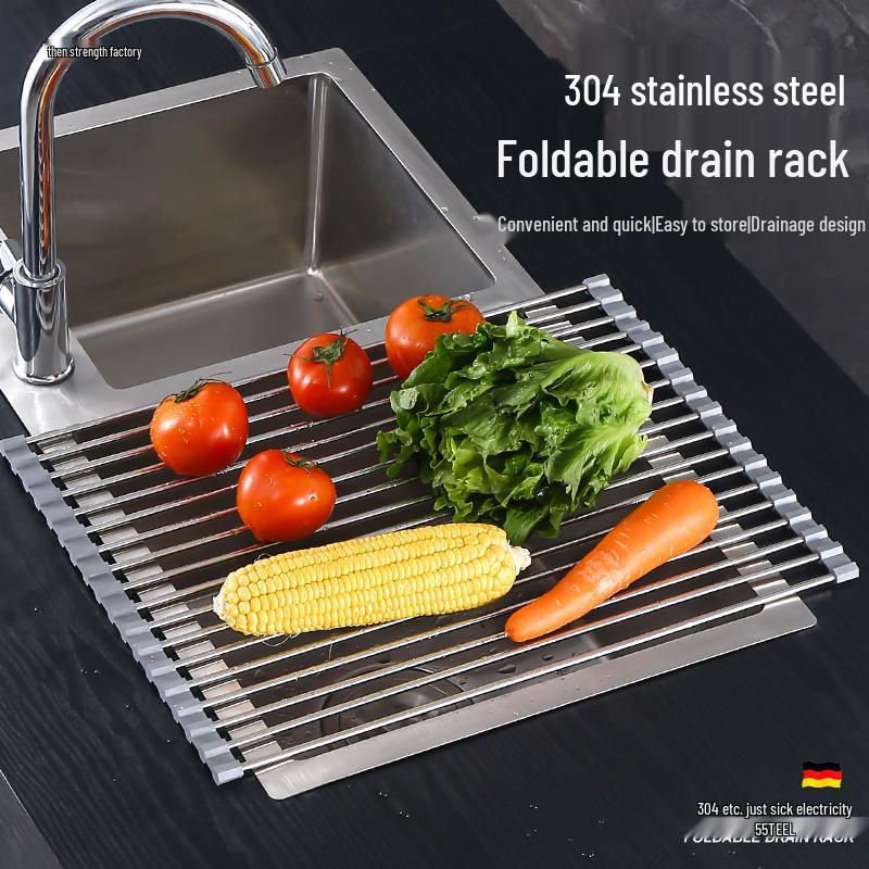 Folding Kitchen Sink Drain Rack with Silicone Mat and Wash Basin Basket