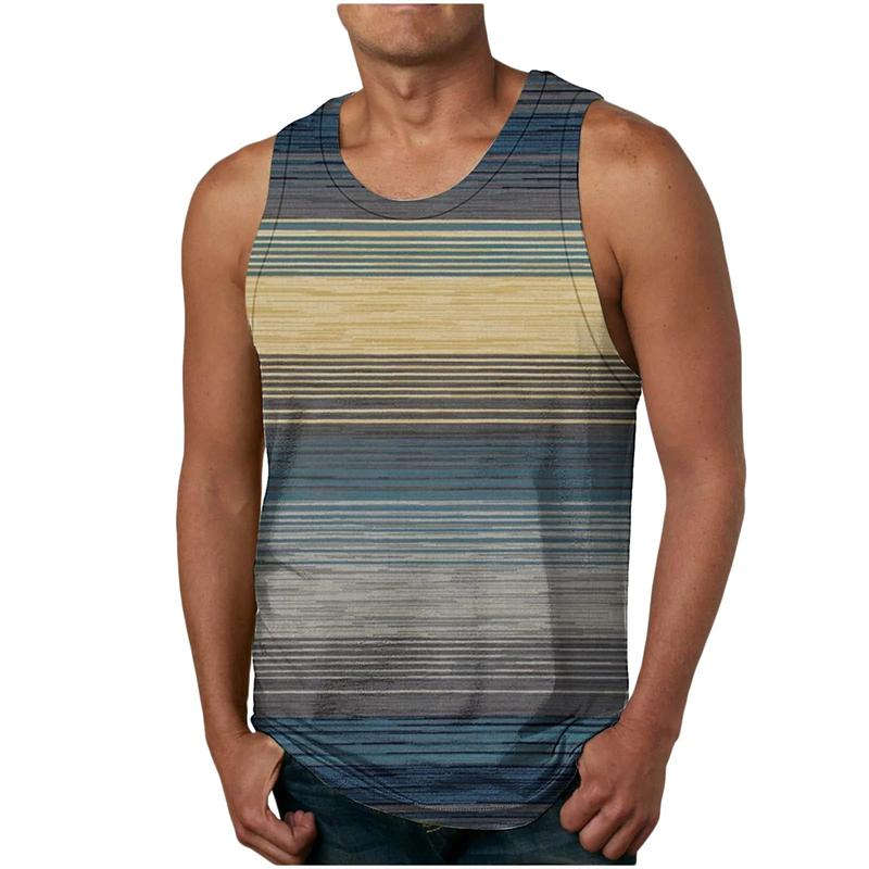 Retro striped men s 3D printed vest, summer casual vacation vest, loose, breathable, quick-dry sports top M