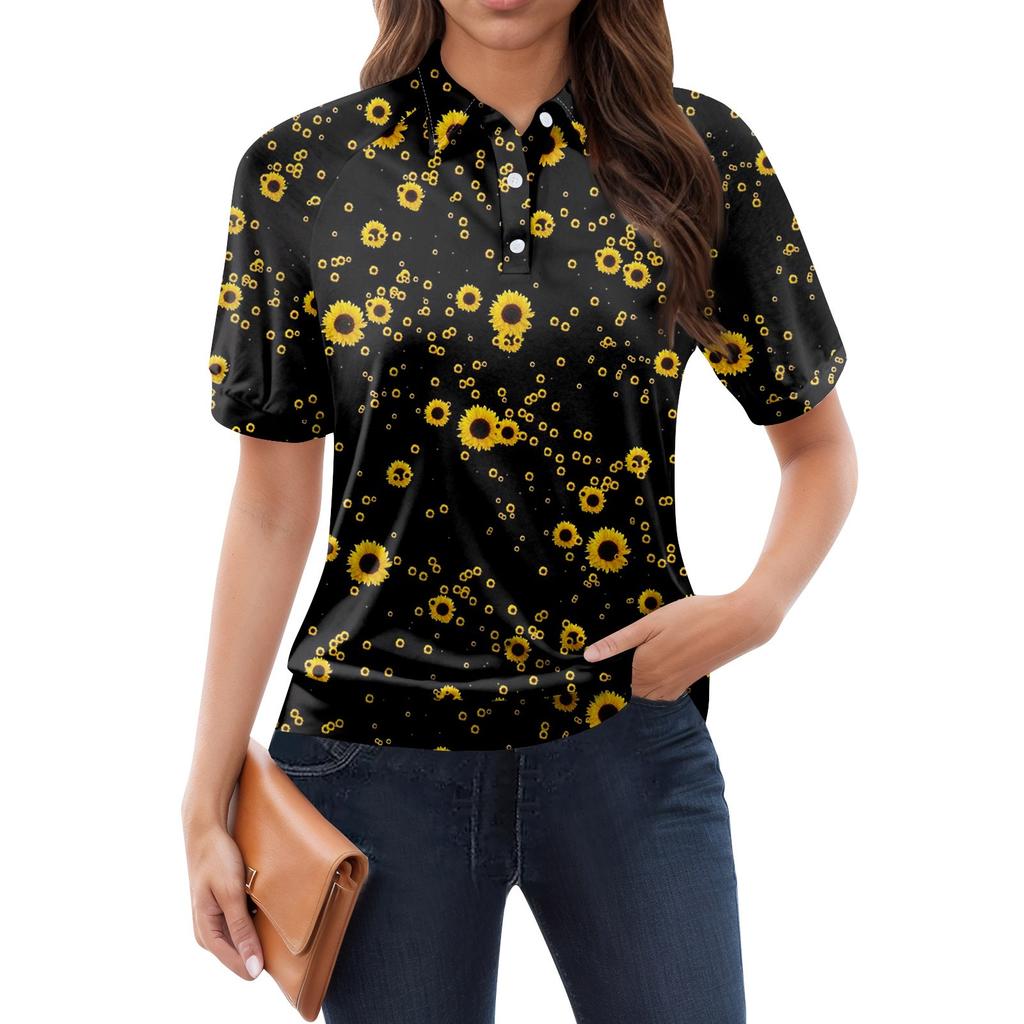 Damen-T-Shirt mit lässigem Blumendruck, V-Ausschnitt, kurzen Ärmeln und dekorativen Knöpfen