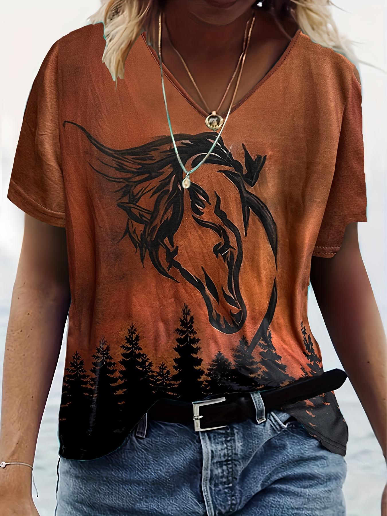 Women s Western Style Printed Short Sleeve T-Shirt Casual Round Neck Printed Short Sleeve T-Shirt S разноцветный