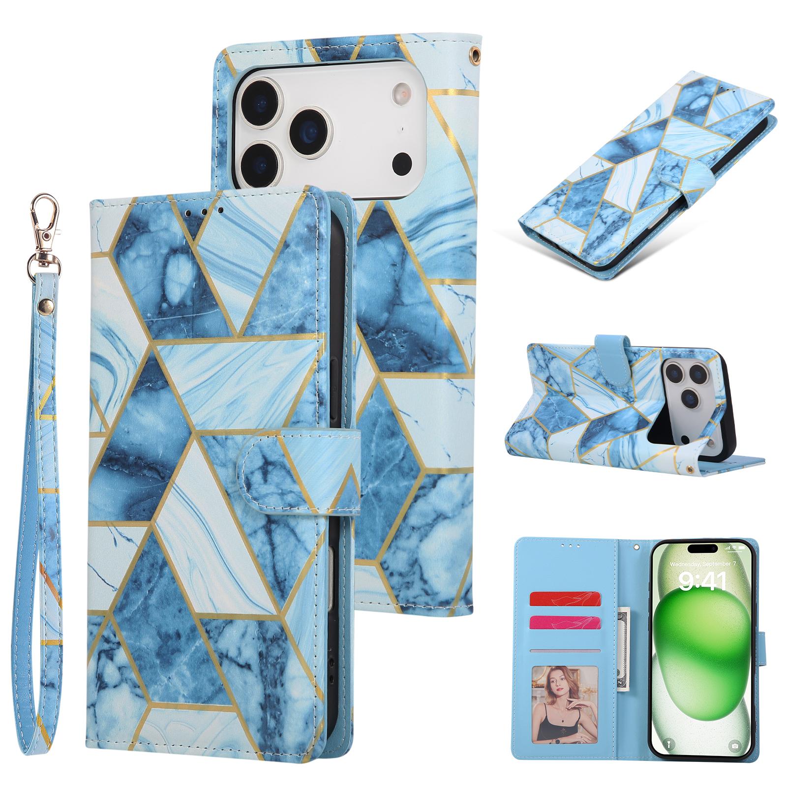 

For iPhone 17 Pro Case Lacquered Marble Pattern Leather Phone Cover with Wrist Strap Blue