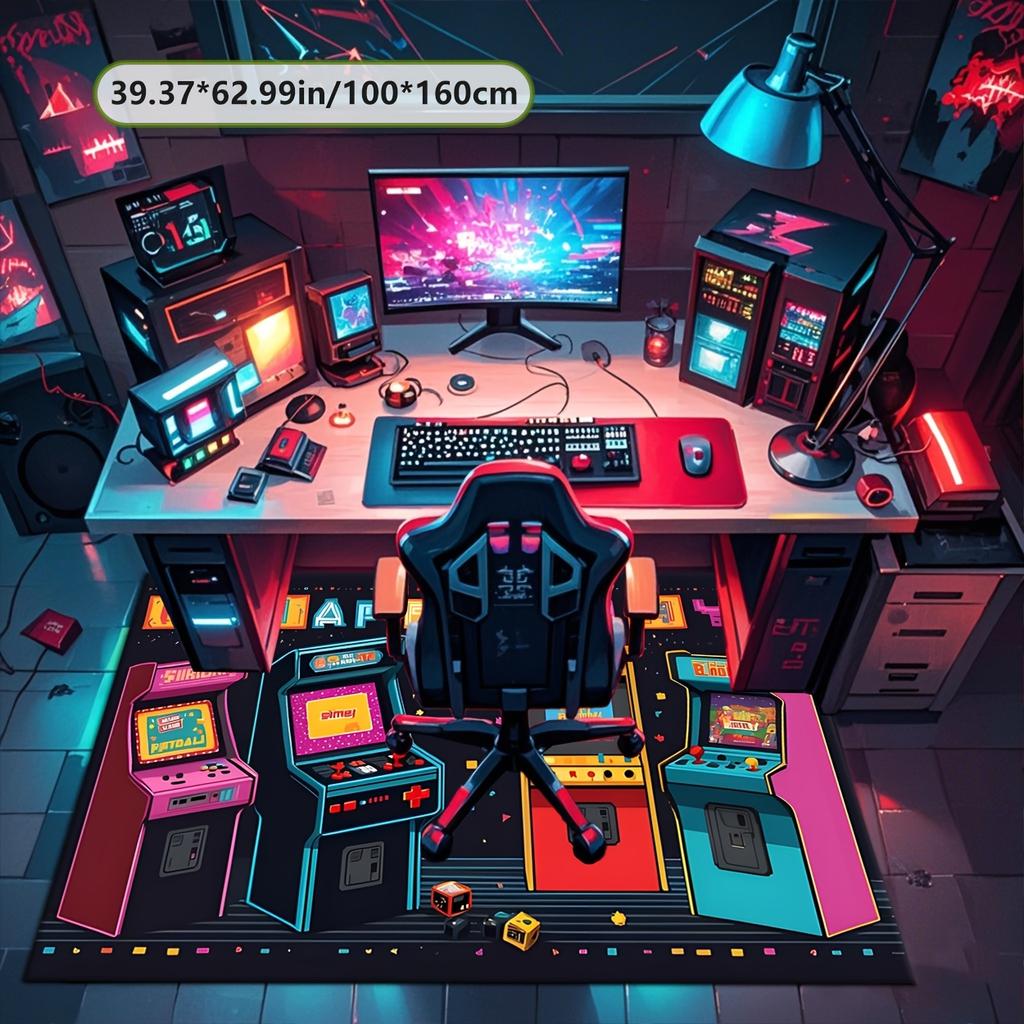 Vibrant Arcade Game Pattern Area Mat Polyester Fiber Non Slip Backing Machine Washable Living Room Bedroom Office