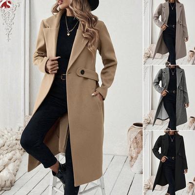 Women's Lapel Long Sleeve Wool Coat Straight Fit Solid Color Urban Commuter Long Overcoat