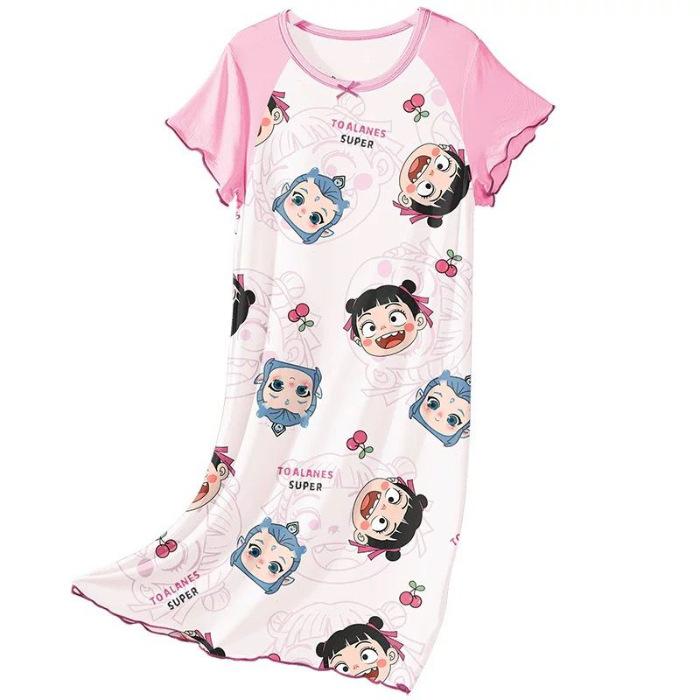 Girls Summer Lightweight Ice Silk Pajama Dress with Cute Cartoon Print Cool and Comfortable 90