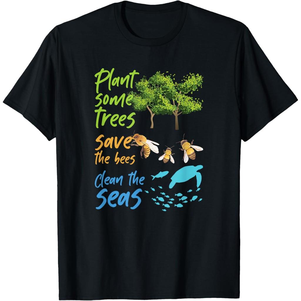 Plant Trees Save Bees Clean Seas Turtle Graphic Cotton T-Shirt Casual Crewneck Tee