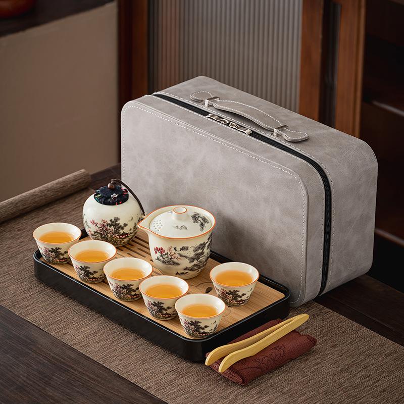 National style retro high-end Ru kiln black pine plum blossom hand-held pot tea set new Chinese kung fu tea business printing commemoration