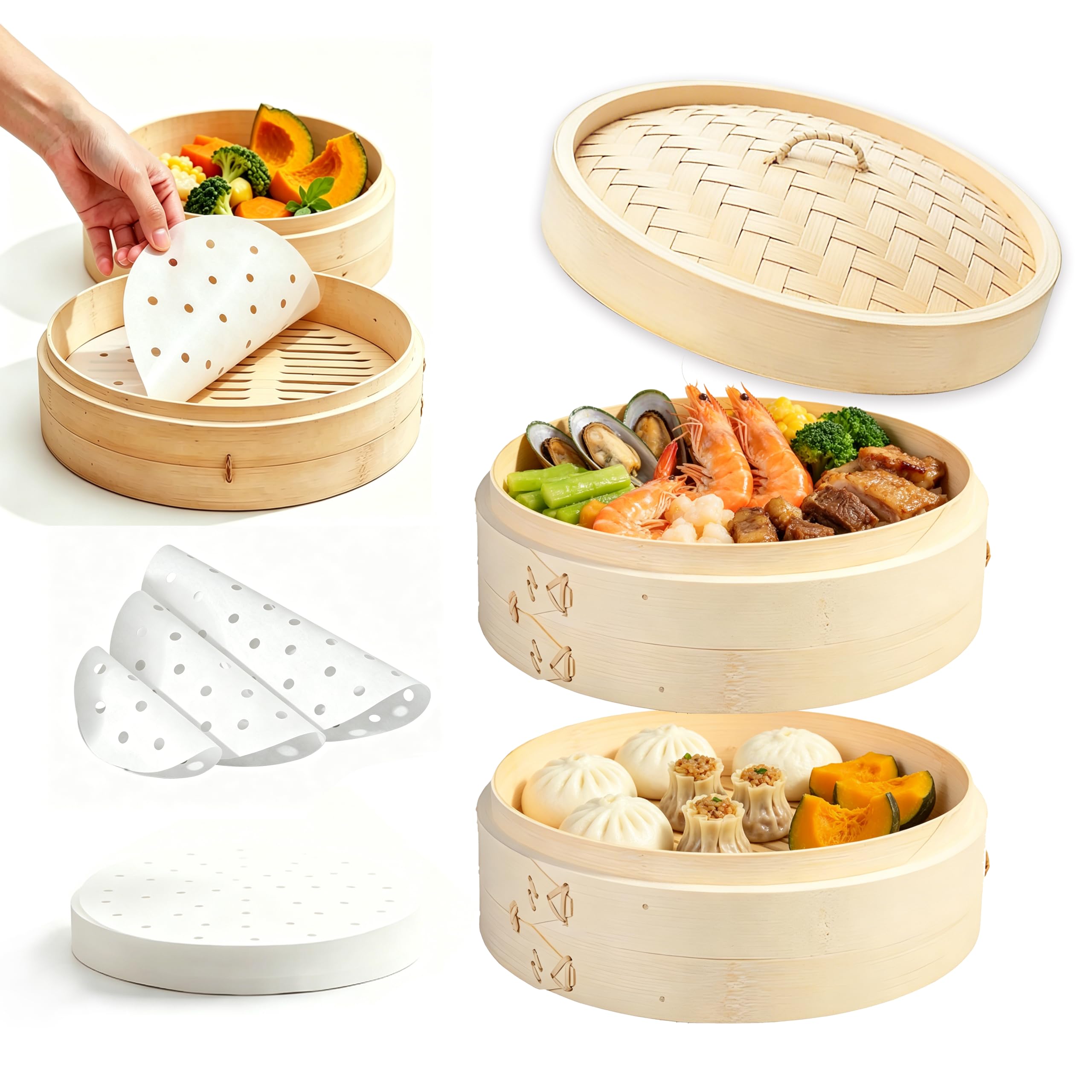 MOLADE Handmade Bamboo Steamer Set - Chinese Steamer with 50 Bamboo Paper Sheets - Commercial Use (Bamboo Steamer Diameter Approx. 26cm) - Set of 2 St