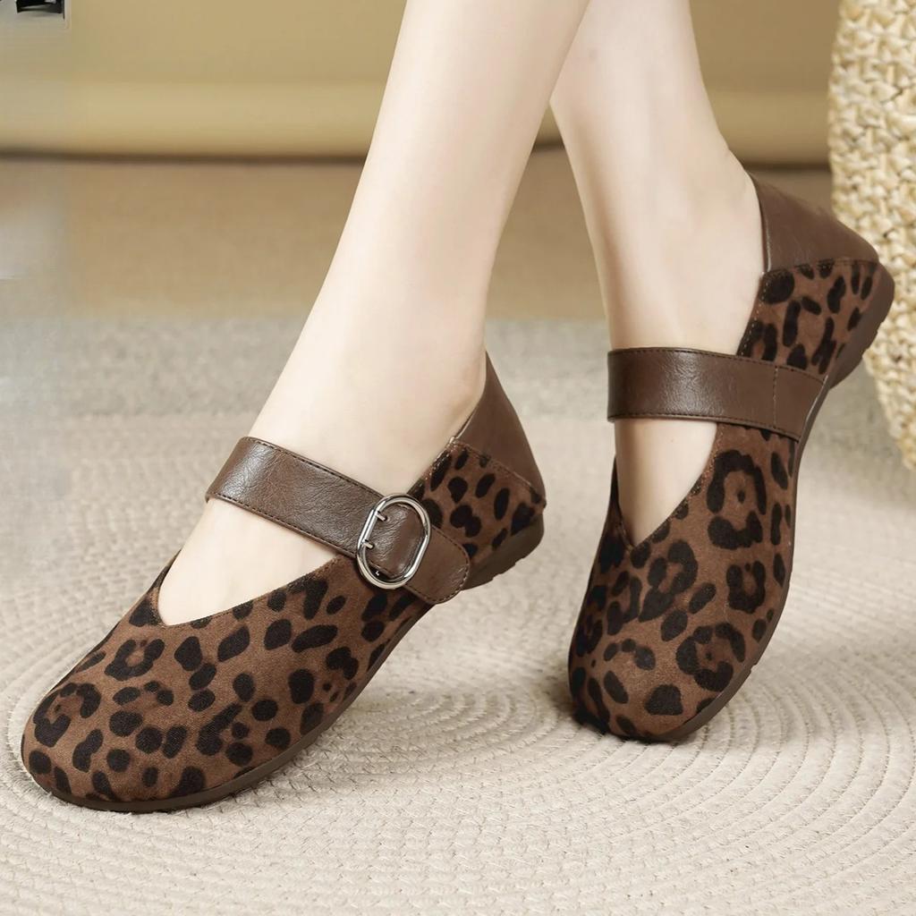 Women Slip-on Loafers Suede Leather Leopard Print Boat Shoes Girl Round Toe Flat Shoes
