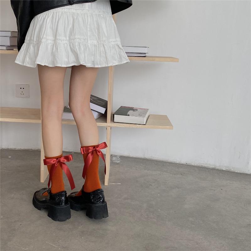 Harajuku Sweet Bowknot Kawaii Socks Women Spring Summer Y2k JK Lolita Cute Solid Socks Japanese Style Women Girls Middle Tube Preppy Socks