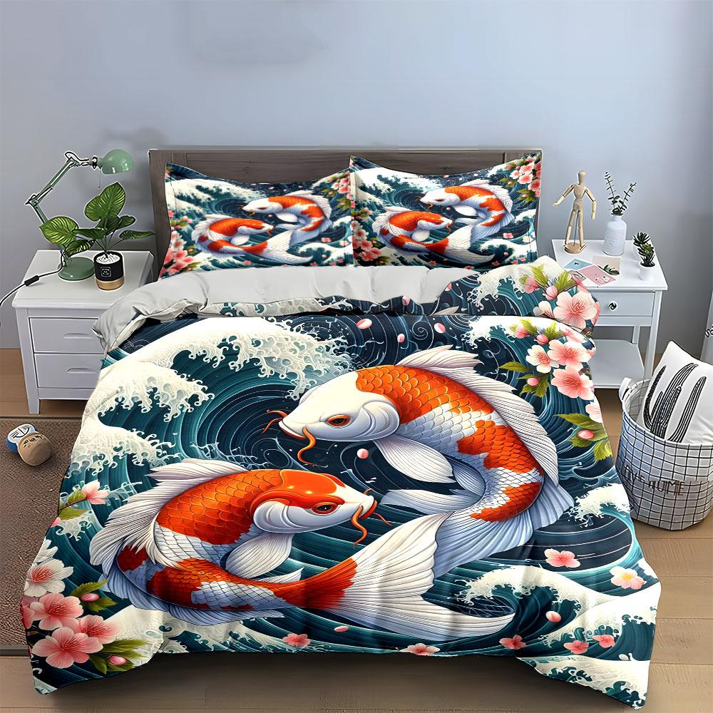 Koi Fish Artistic Decor Set Soft Comfortable Duvet Cover Bedding Set Included 1*Duvet Cover & 2*Pillowcases, Gift