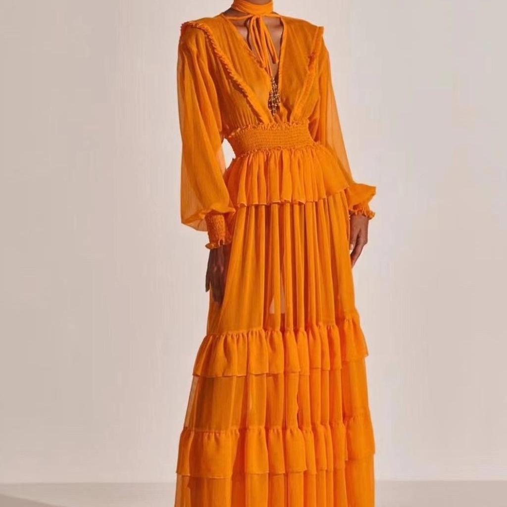2023 Autumn Chiffon Ruffle Layered Long Dress for Women