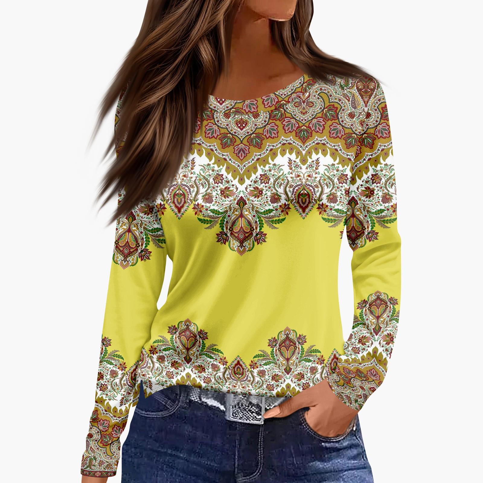 Ladies  Fashionable Casual Long Sleeved Popular Retro Floral Print Pullover Top XL жёлтый