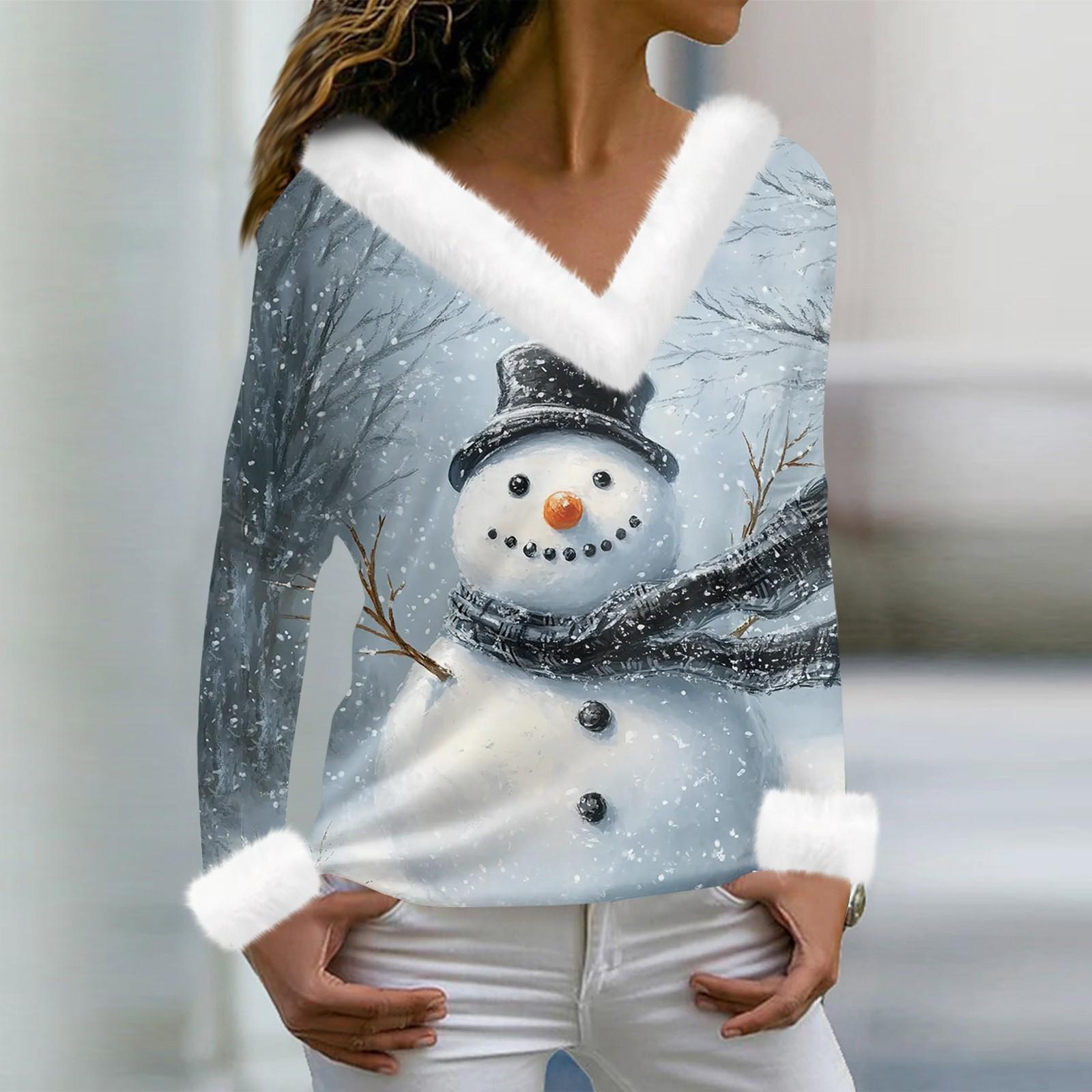 

Женская футболка с рождественским принтом, длинный рукав, флисовый воротник, V-образный вырез, футболка M