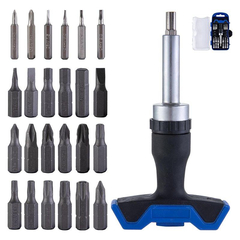 AAAF 25Pc T-Handle Screwdriver Set - Multi Bit Kit With Phillips, Pozi, Slotted, Hex, Torx & Bits
