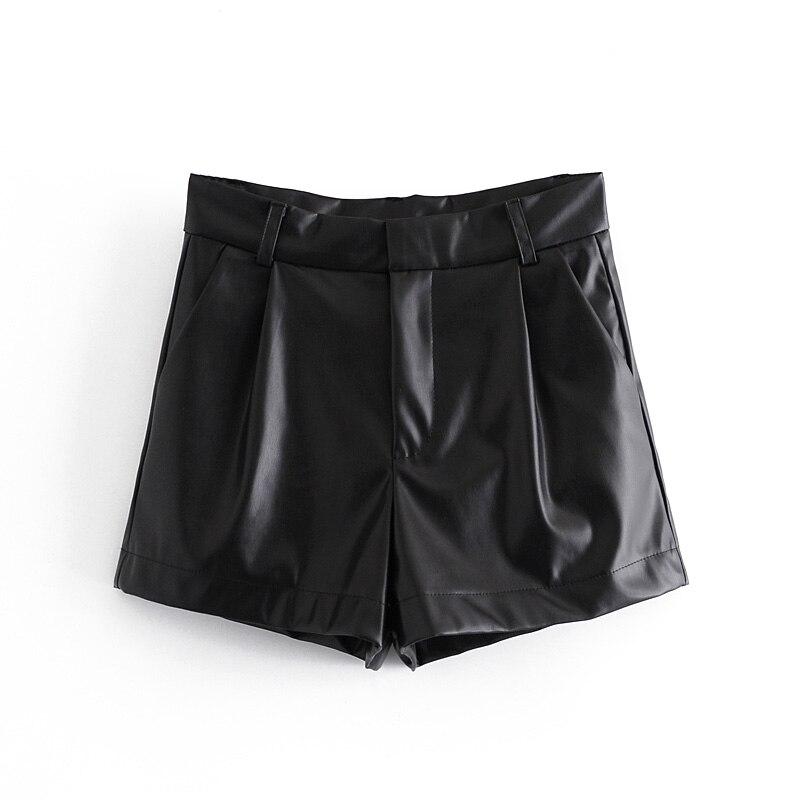 Women Chic Fashion Faux Leather Side Pockets Shorts Vintage High Waist Zipper Fly Female Skirts Mujer Streetwear