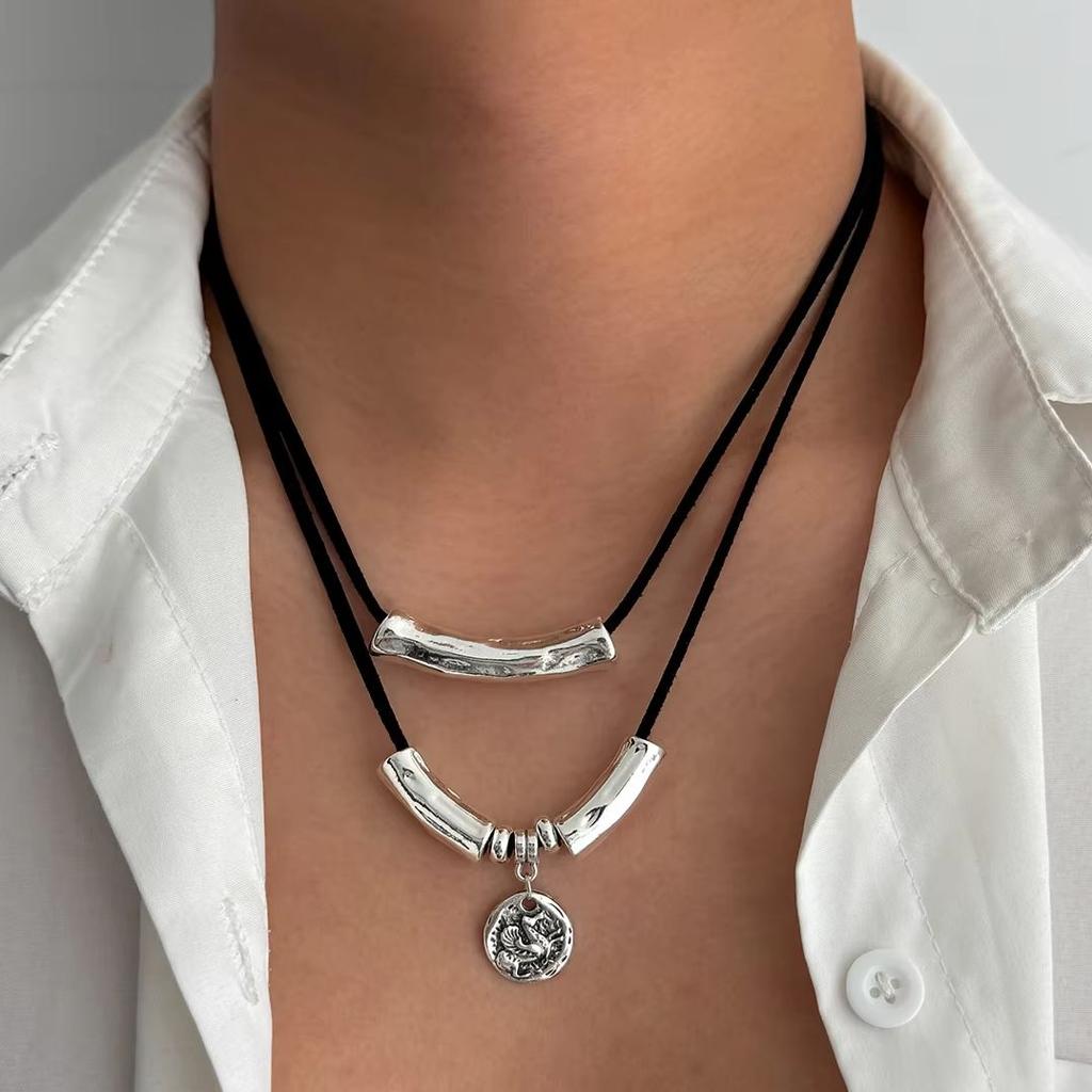 PuRui Fashion 2Pcs/Set Black Simple Korean Velvet Alloy Necklace Adjustable Rope Chain Men Daily Y2K Zircon Accessories Gift