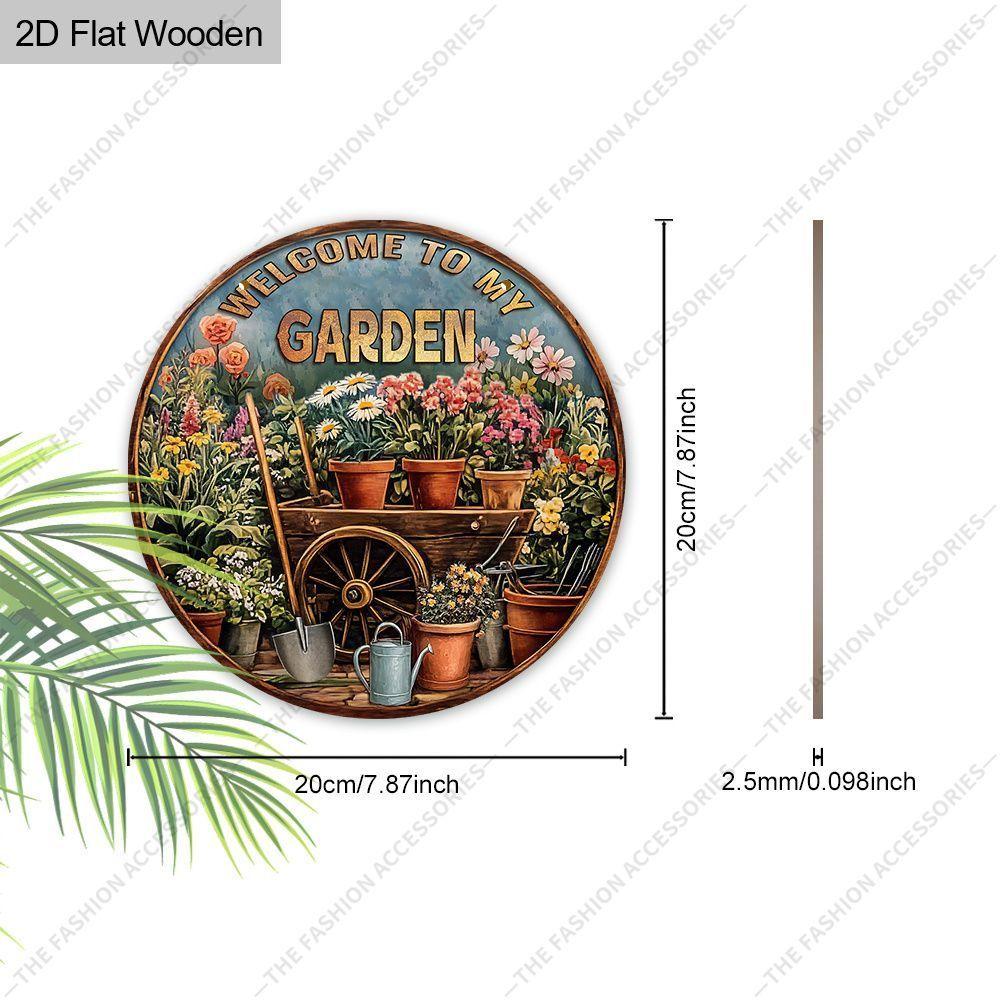 Welcome To My Garden Floral Round Wooden Hanging Sign, 2D Flat Wooden Garden Front Door Decor