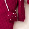 4-8Y Girls' High-Neck Long-Sleeve Solid Color Knit Dress Children's Fall/Winter Fashion Beaded Dress