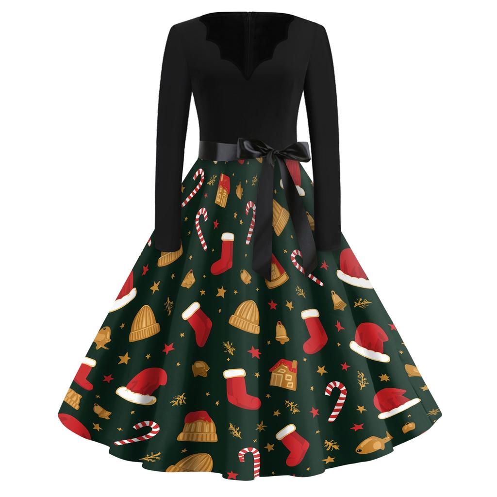 Women's Casual Christmas Print V-Neck Vintage Dress for Holiday Party and Daily Wear