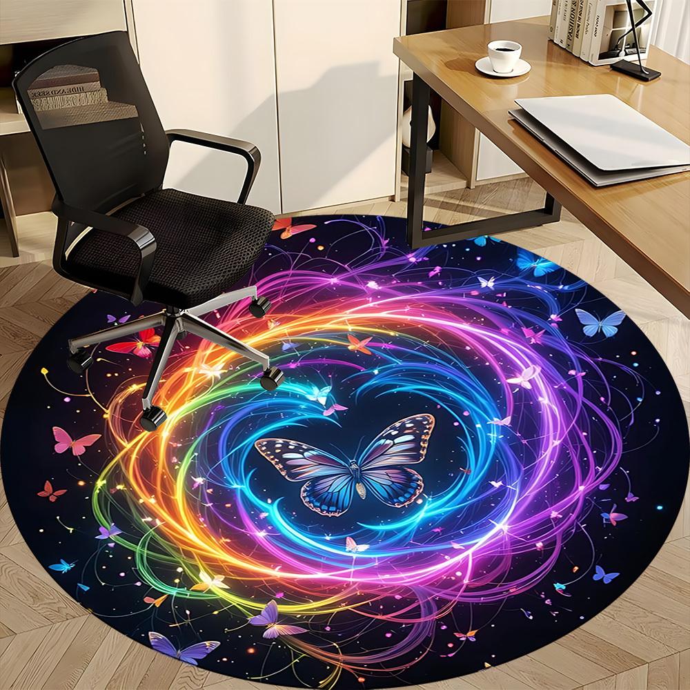 1pc Butterfly Rainbow Office Round Area Rug,  Mat Suitable ForOffice, Under Office Chairs Bedroom Living Room Home Decor, Room Deco