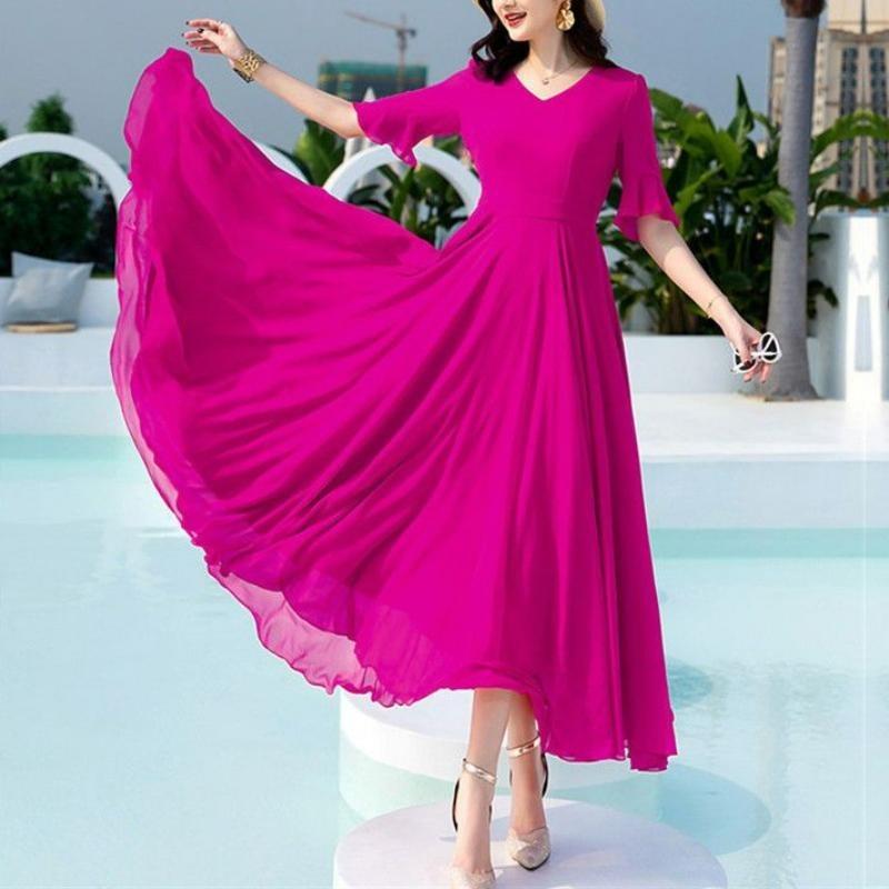 Sommermode Neues Koreanisches Schlichtes Elegantes Mittellanges Chiffonkleid Einfarbig V-Ausschnitt Taille Reißverschluss Patchwork Schmetterlingsärmel Kleider