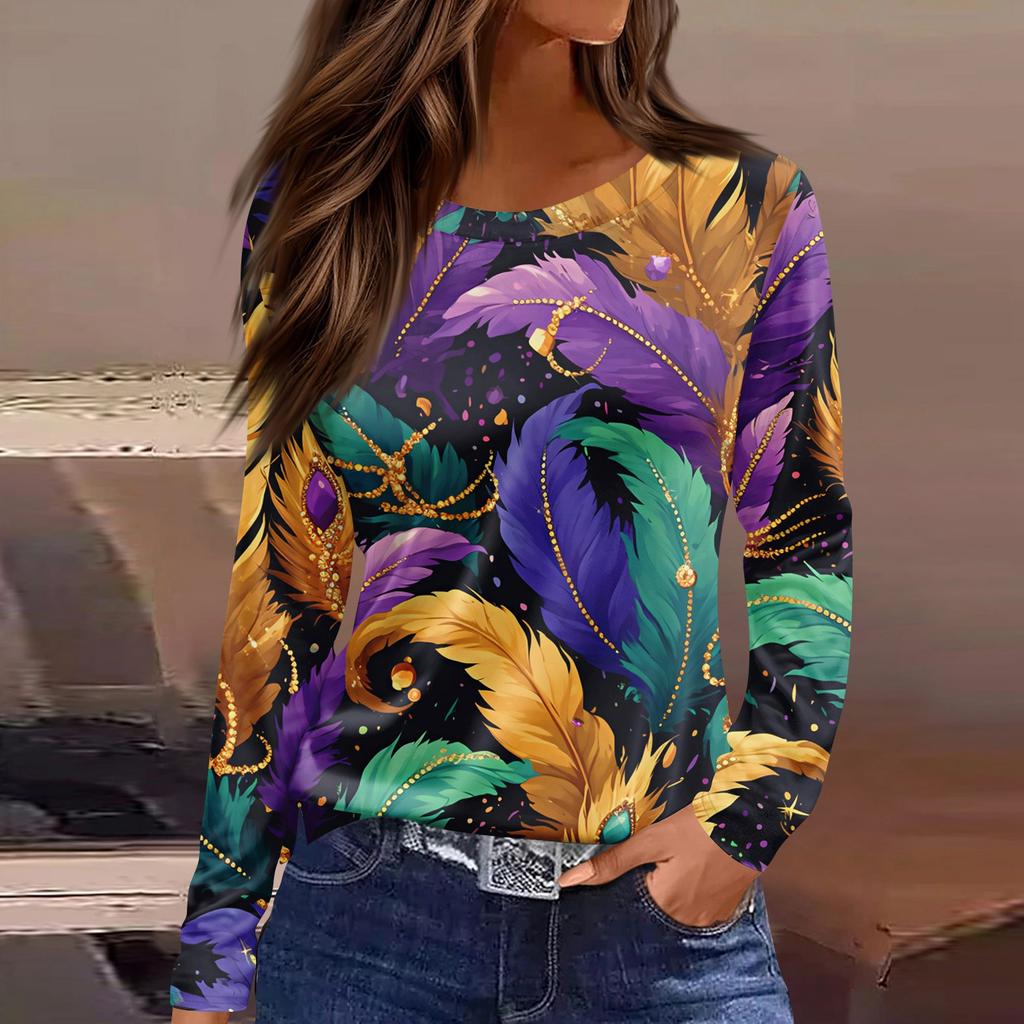 Damska modna, swobodna koszulka z rozcięciem u dołu, okrągłym dekoltem, długim rękawem i luźnym nadrukiem