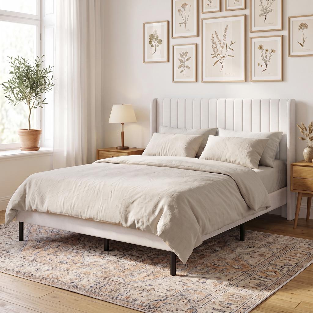 Bed Frame 140 X 200 Cm With Adjustable Headboard Upholstered Bed With 12 Slats Beige