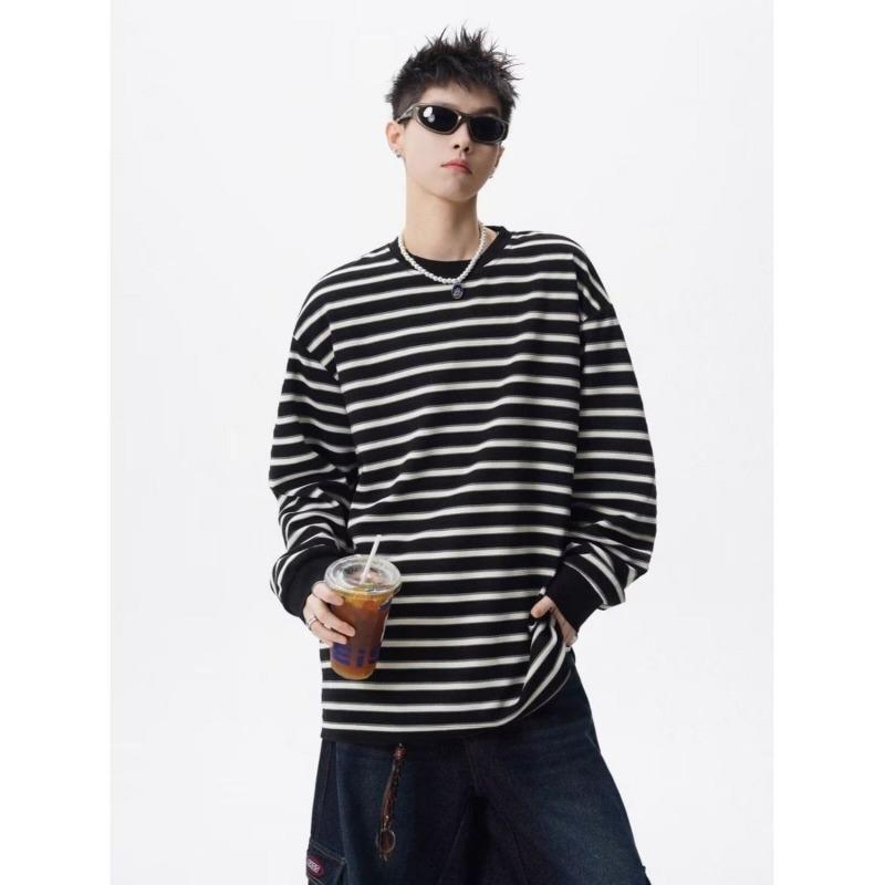 Spring and Autumn Striped Long Sleeve Jacket Retro Loose Casual Versatile Couple Round Neck Top