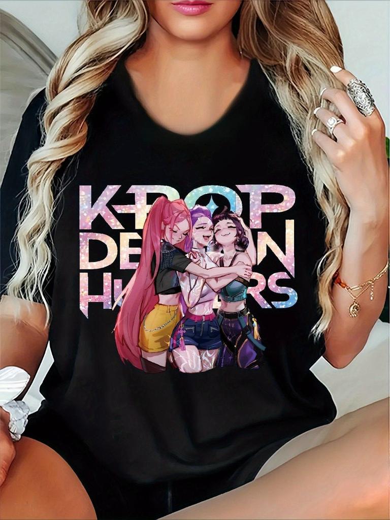 Women's K-pop Inspired T-shirt K-pop Group Chibi Characters Print Breathable Short Sleeve Top For Spring Summer Fall