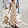 European and American women's sleeveless cross-waist pleated dress Tencel hemp blended minimalist dress