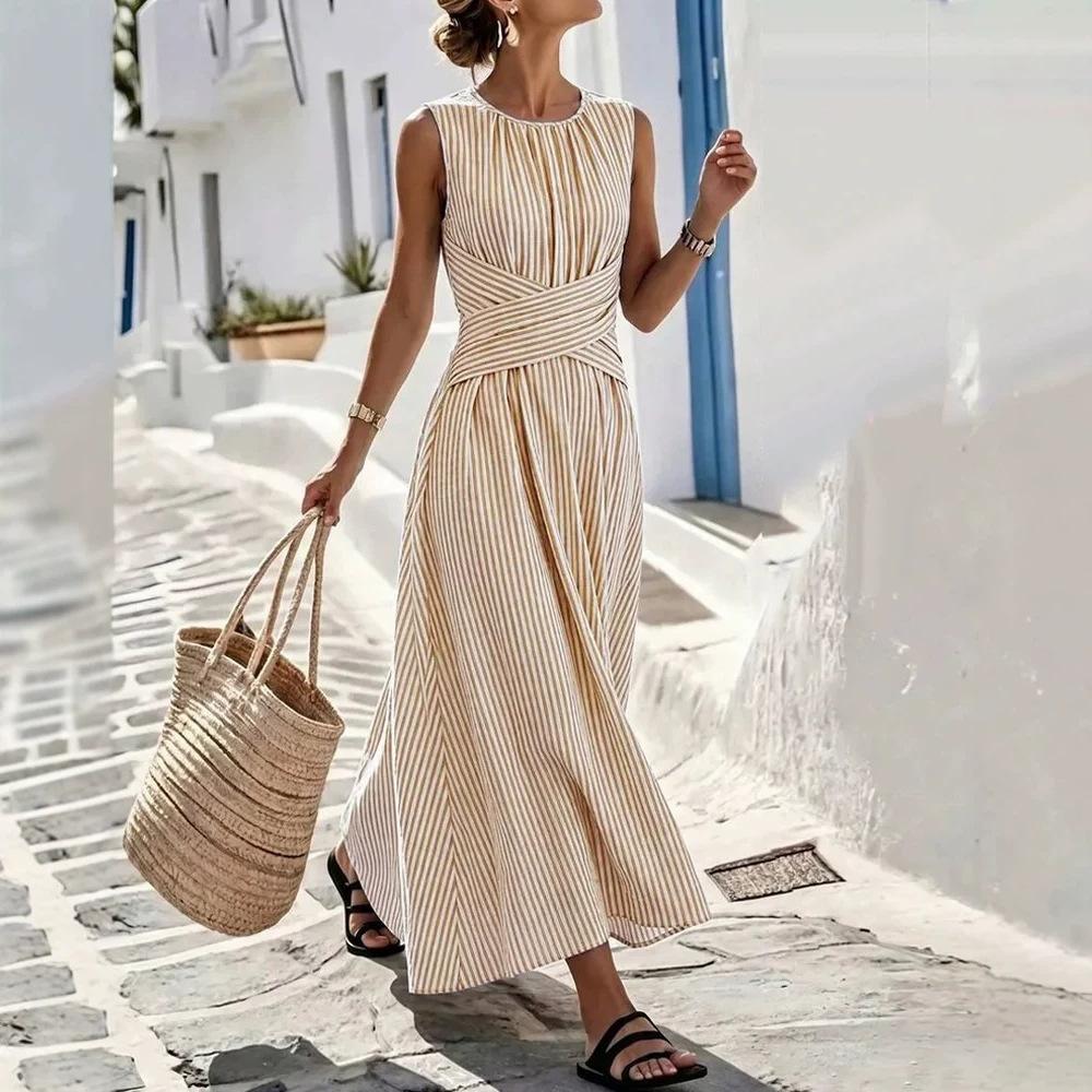 European and American women's sleeveless cross-waist pleated dress Tencel hemp blended minimalist dress