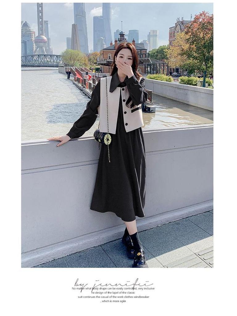 Women's Spring 2024 Long Sleeve Shirt Dress with Fashionable Vest - Two-Piece Set
