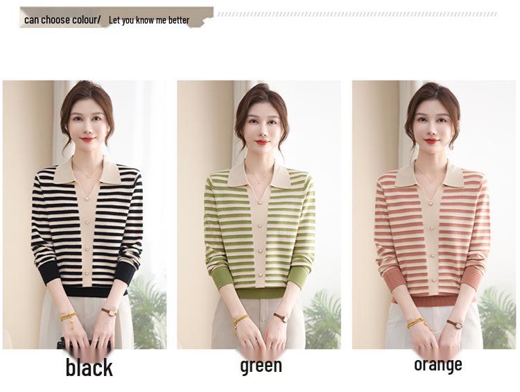 2026 Spring Fashionable Striped Knit Top for Mothers & Elderly Women, Lapel Sweater for Spring & Autumn