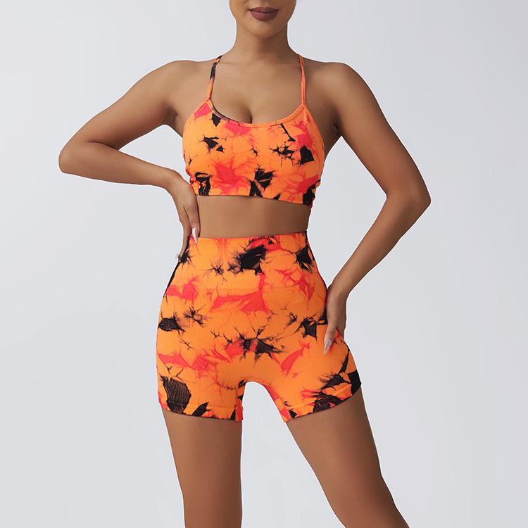 

Женский комплект из двухцветного бесшовного бюстгальтера с принтом тай-дай, шорт для йоги с эффектом приподнятия бедер, нагрудной накладки и брюк для бега длиной три четверти Small