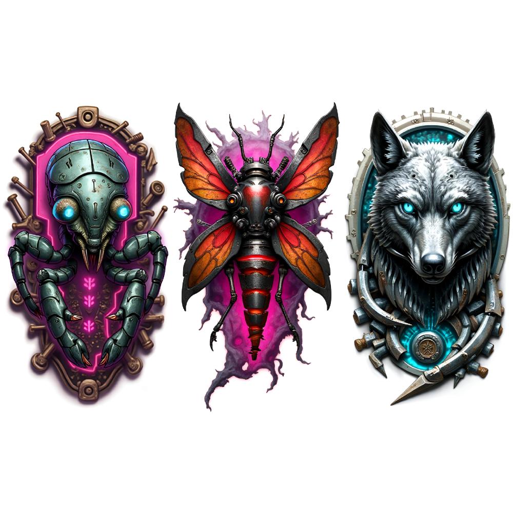 3pcs Temporary Tattoo Colorful Realism Mechanical Tree Stylized Moth Tech Wolf For Thighs Women Men