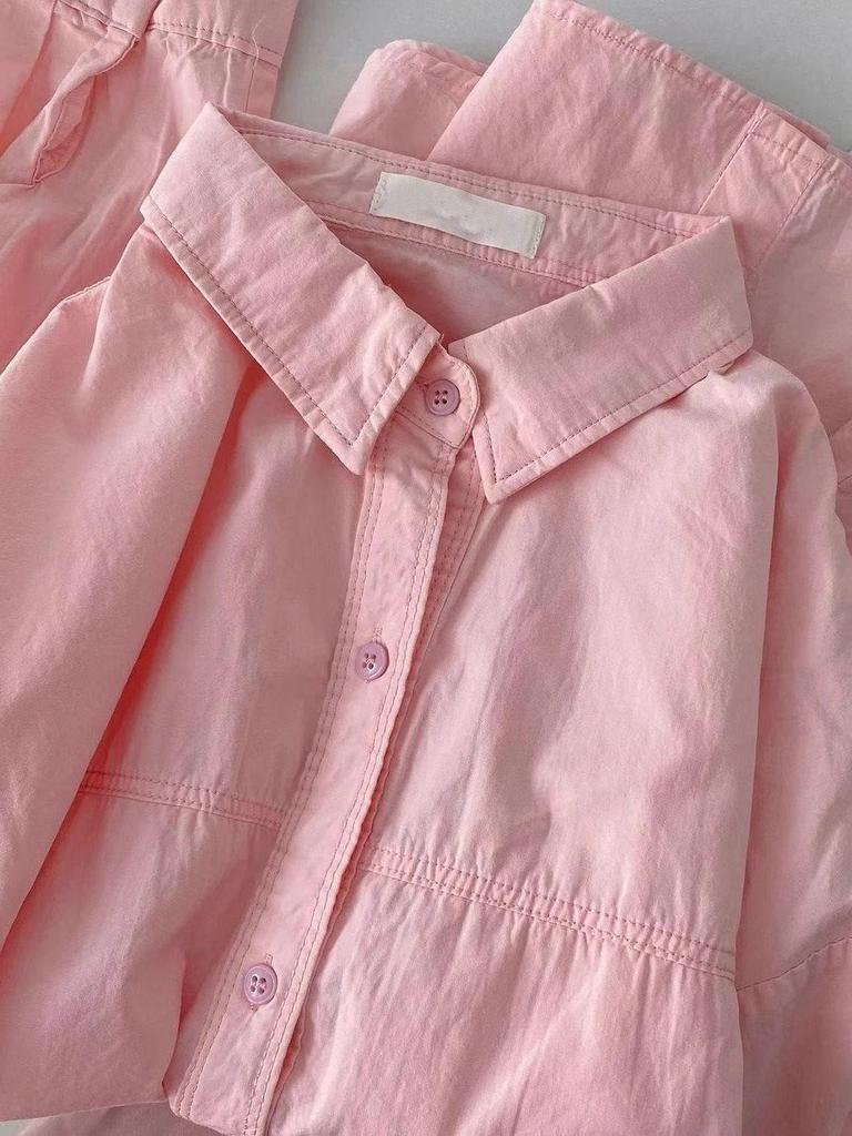 Women's Milky Yellow Layered Long-Sleeve Loose Shirt Jacket - Petite Casual Spring/Autumn Top