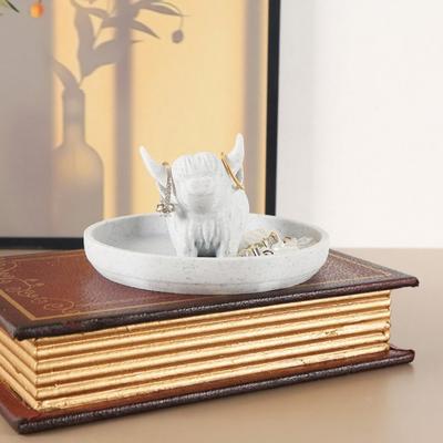 Porta-Anéis Vaca das Terras Altas com Prato Circular Plástico Estilo Boêmio Organizador de Prato para Joias para Banheiro de Casa de Fazenda Escritório Sala de Estar Decoração de Mesa