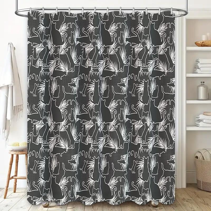 Cat Pattern Shower Curtain Cute Kitten Black White Bathroom Decor Washable Waterproof Fabric Liner for Home